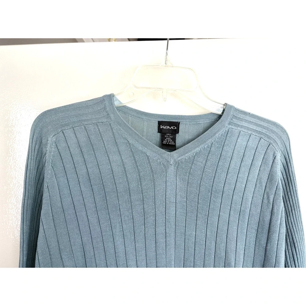 Kevo Sweater‎ Mens Large Blue 2-Ply 100% Silk Ribbed V Neck Pullover Lightweight - Picture 3 of 16